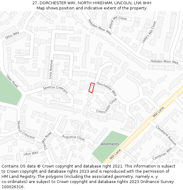 27, DORCHESTER WAY, NORTH HYKEHAM, LINCOLN, LN6 9HH: Location map and indicative extent of plot