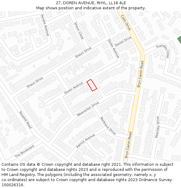 27, DOREN AVENUE, RHYL, LL18 4LE: Location map and indicative extent of plot