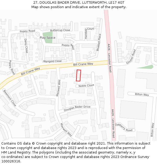 27, DOUGLAS BADER DRIVE, LUTTERWORTH, LE17 4GT: Location map and indicative extent of plot