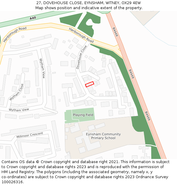 27, DOVEHOUSE CLOSE, EYNSHAM, WITNEY, OX29 4EW: Location map and indicative extent of plot