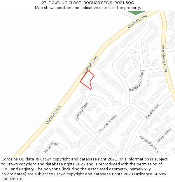 27, DOWNING CLOSE, BOGNOR REGIS, PO21 5QG: Location map and indicative extent of plot