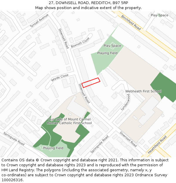 27, DOWNSELL ROAD, REDDITCH, B97 5RP: Location map and indicative extent of plot