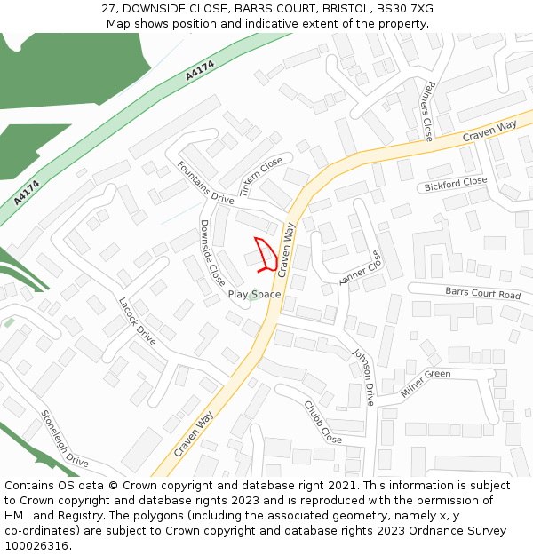 27, DOWNSIDE CLOSE, BARRS COURT, BRISTOL, BS30 7XG: Location map and indicative extent of plot