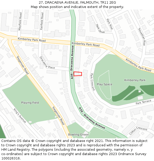 27, DRACAENA AVENUE, FALMOUTH, TR11 2EG: Location map and indicative extent of plot