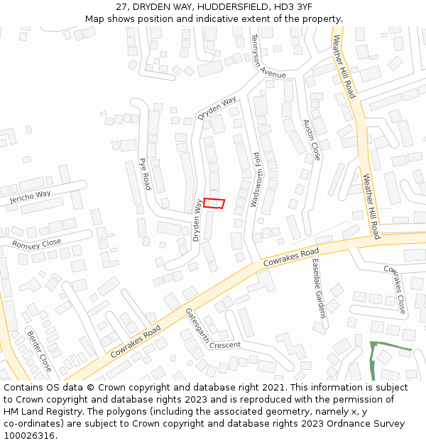 27, DRYDEN WAY, HUDDERSFIELD, HD3 3YF: Location map and indicative extent of plot