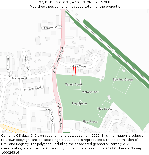 27, DUDLEY CLOSE, ADDLESTONE, KT15 2EB: Location map and indicative extent of plot