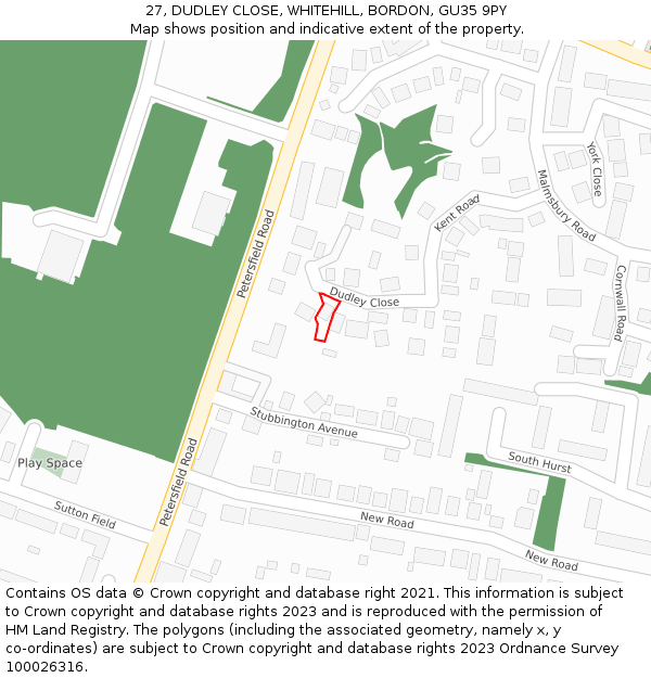 27, DUDLEY CLOSE, WHITEHILL, BORDON, GU35 9PY: Location map and indicative extent of plot