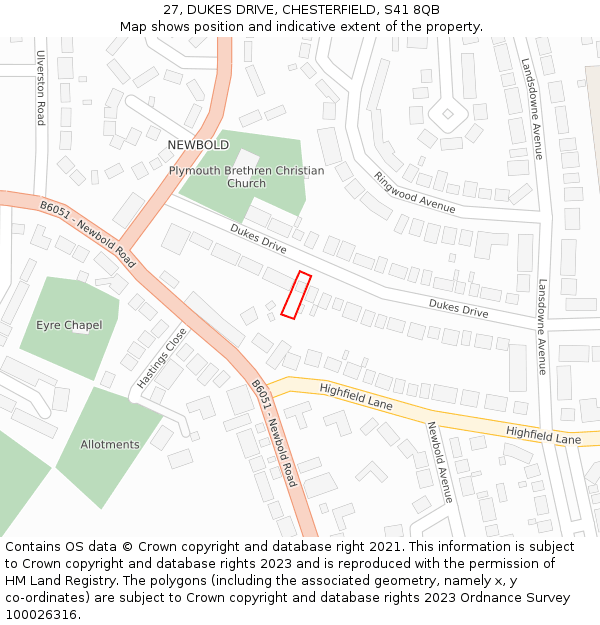 27, DUKES DRIVE, CHESTERFIELD, S41 8QB: Location map and indicative extent of plot