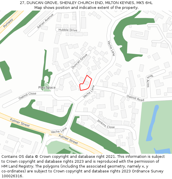 27, DUNCAN GROVE, SHENLEY CHURCH END, MILTON KEYNES, MK5 6HL: Location map and indicative extent of plot