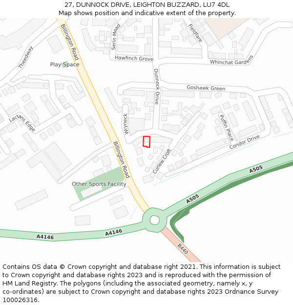 27, DUNNOCK DRIVE, LEIGHTON BUZZARD, LU7 4DL: Location map and indicative extent of plot