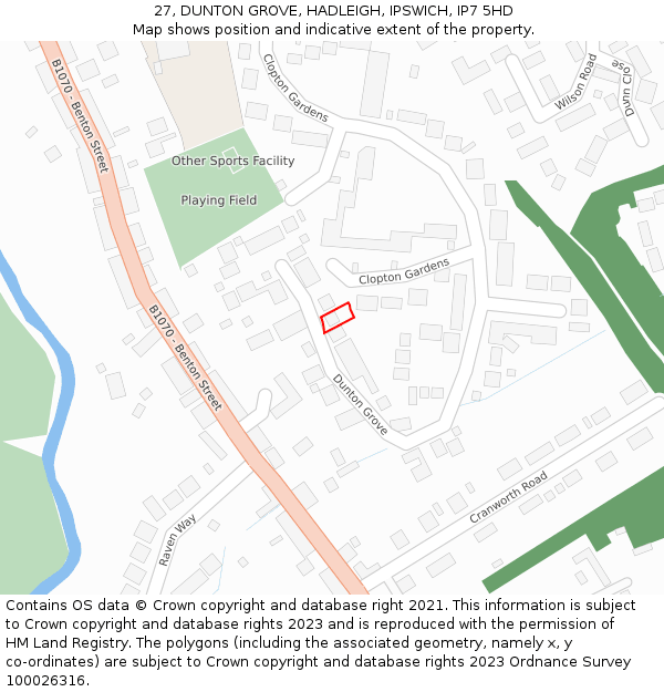 27, DUNTON GROVE, HADLEIGH, IPSWICH, IP7 5HD: Location map and indicative extent of plot