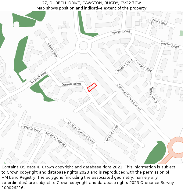 27, DURRELL DRIVE, CAWSTON, RUGBY, CV22 7GW: Location map and indicative extent of plot