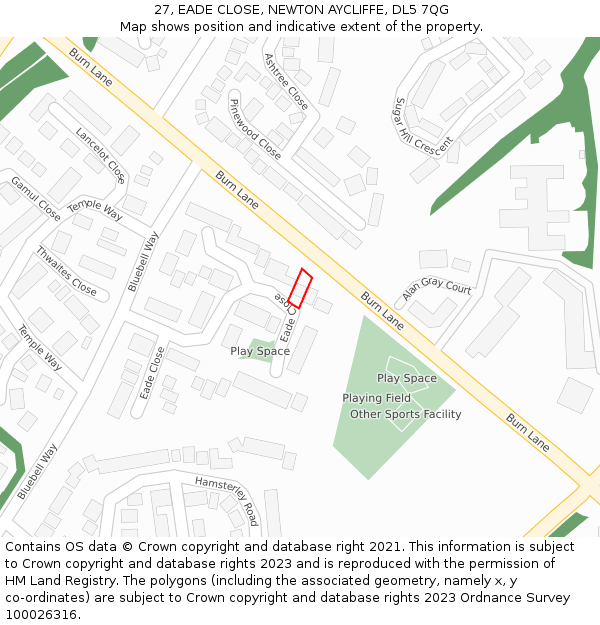 27, EADE CLOSE, NEWTON AYCLIFFE, DL5 7QG: Location map and indicative extent of plot