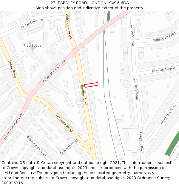 27, EARDLEY ROAD, LONDON, SW16 6DA: Location map and indicative extent of plot