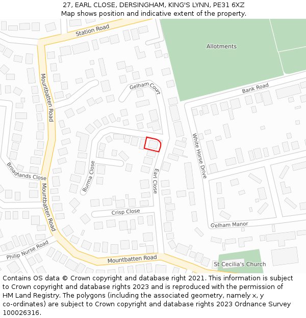 27, EARL CLOSE, DERSINGHAM, KING'S LYNN, PE31 6XZ: Location map and indicative extent of plot