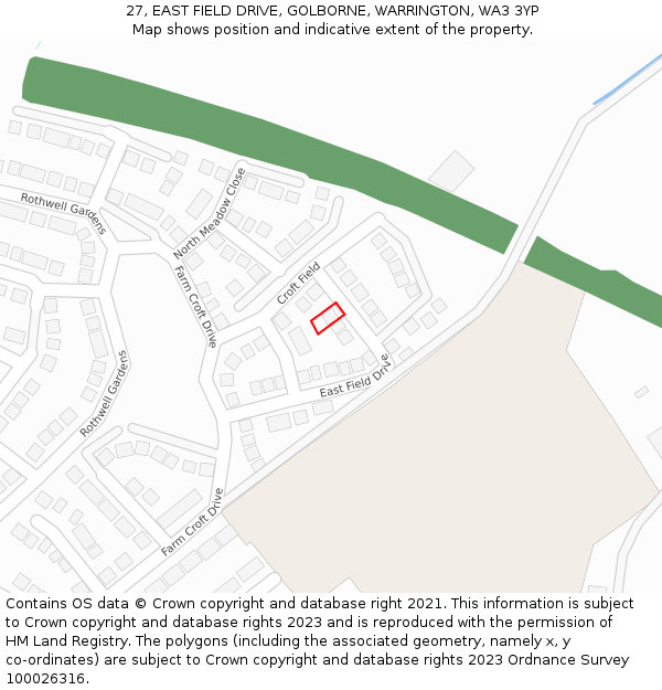 27, EAST FIELD DRIVE, GOLBORNE, WARRINGTON, WA3 3YP: Location map and indicative extent of plot