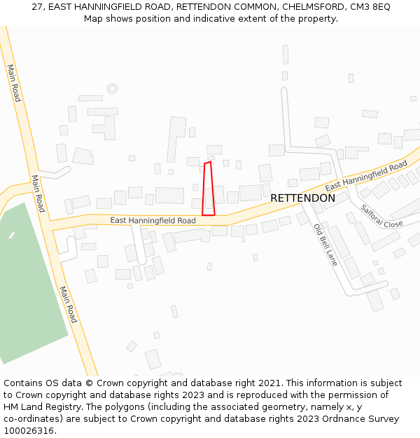 27, EAST HANNINGFIELD ROAD, RETTENDON COMMON, CHELMSFORD, CM3 8EQ: Location map and indicative extent of plot