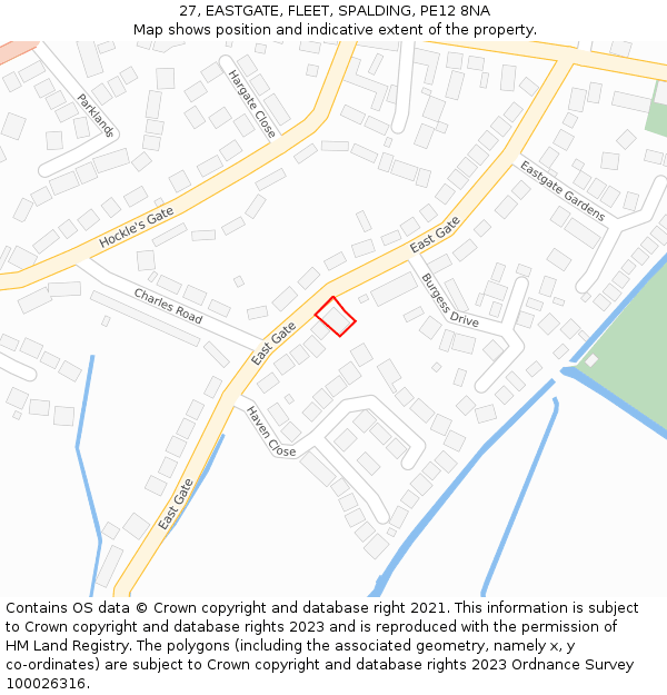 27, EASTGATE, FLEET, SPALDING, PE12 8NA: Location map and indicative extent of plot