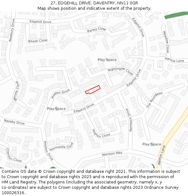 27, EDGEHILL DRIVE, DAVENTRY, NN11 0GR: Location map and indicative extent of plot