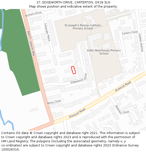 27, EDGEWORTH DRIVE, CARTERTON, OX18 3LN: Location map and indicative extent of plot