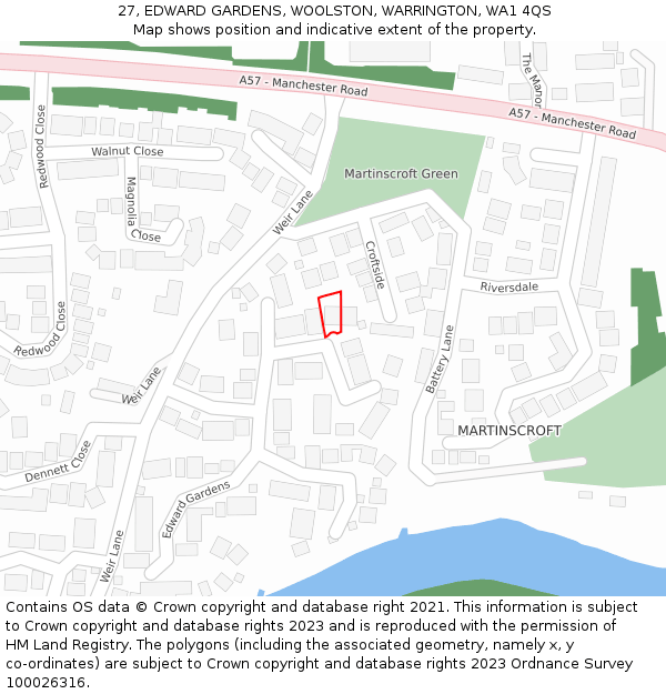 27, EDWARD GARDENS, WOOLSTON, WARRINGTON, WA1 4QS: Location map and indicative extent of plot