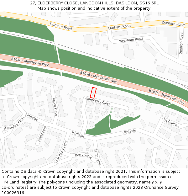 27, ELDERBERRY CLOSE, LANGDON HILLS, BASILDON, SS16 6RL: Location map and indicative extent of plot