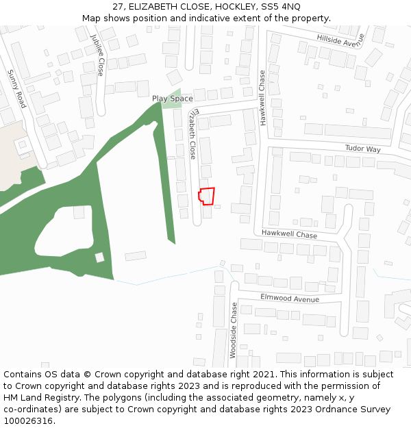 27, ELIZABETH CLOSE, HOCKLEY, SS5 4NQ: Location map and indicative extent of plot