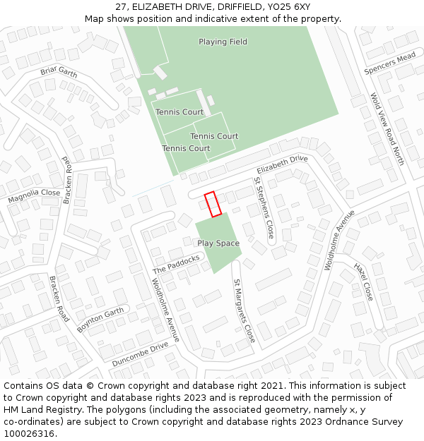 27, ELIZABETH DRIVE, DRIFFIELD, YO25 6XY: Location map and indicative extent of plot