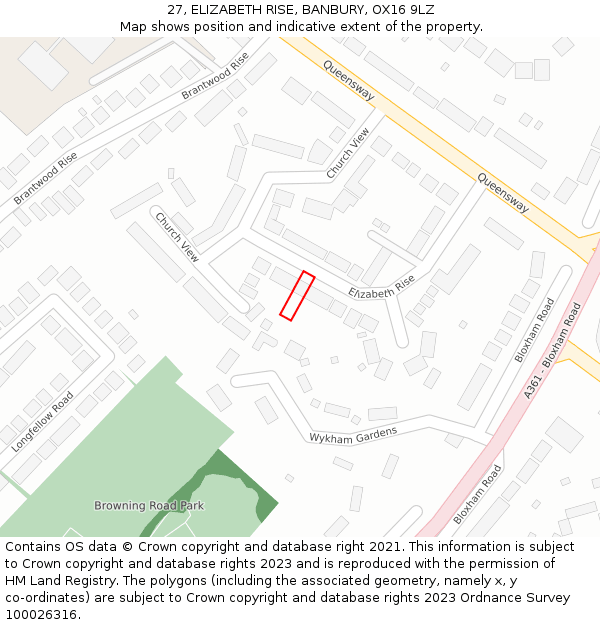 27, ELIZABETH RISE, BANBURY, OX16 9LZ: Location map and indicative extent of plot