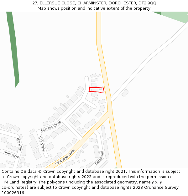 27, ELLERSLIE CLOSE, CHARMINSTER, DORCHESTER, DT2 9QQ: Location map and indicative extent of plot