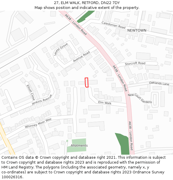 27, ELM WALK, RETFORD, DN22 7DY: Location map and indicative extent of plot