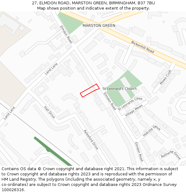 27, ELMDON ROAD, MARSTON GREEN, BIRMINGHAM, B37 7BU: Location map and indicative extent of plot