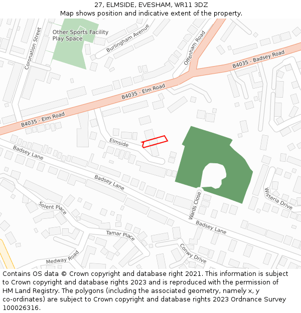 27, ELMSIDE, EVESHAM, WR11 3DZ: Location map and indicative extent of plot