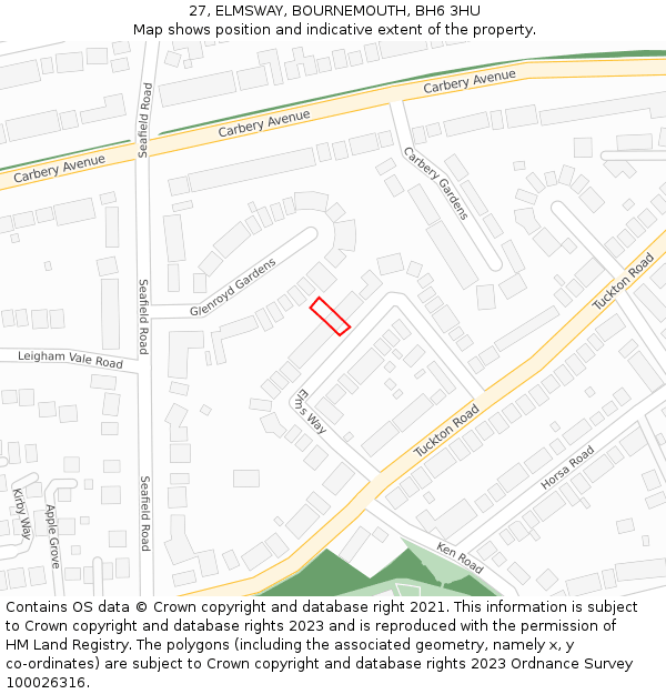 27, ELMSWAY, BOURNEMOUTH, BH6 3HU: Location map and indicative extent of plot