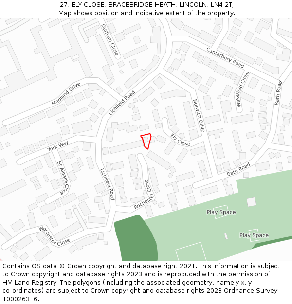 27, ELY CLOSE, BRACEBRIDGE HEATH, LINCOLN, LN4 2TJ: Location map and indicative extent of plot