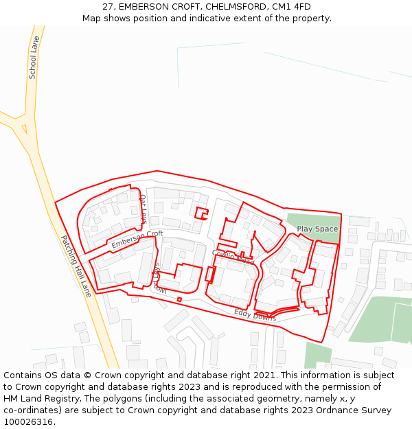 27, EMBERSON CROFT, CHELMSFORD, CM1 4FD: Location map and indicative extent of plot