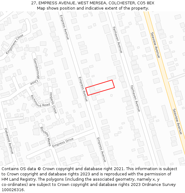 27, EMPRESS AVENUE, WEST MERSEA, COLCHESTER, CO5 8EX: Location map and indicative extent of plot