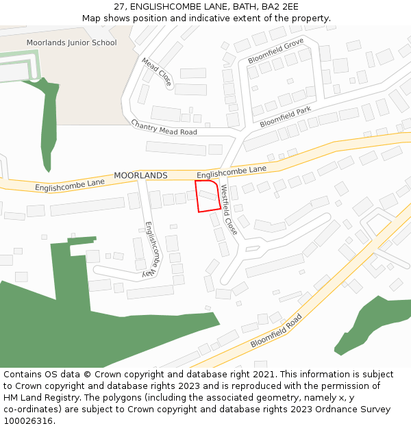 27, ENGLISHCOMBE LANE, BATH, BA2 2EE: Location map and indicative extent of plot