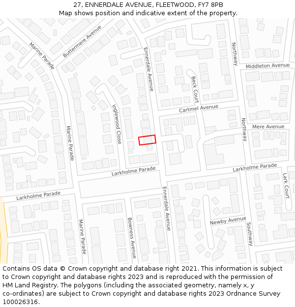 27, ENNERDALE AVENUE, FLEETWOOD, FY7 8PB: Location map and indicative extent of plot