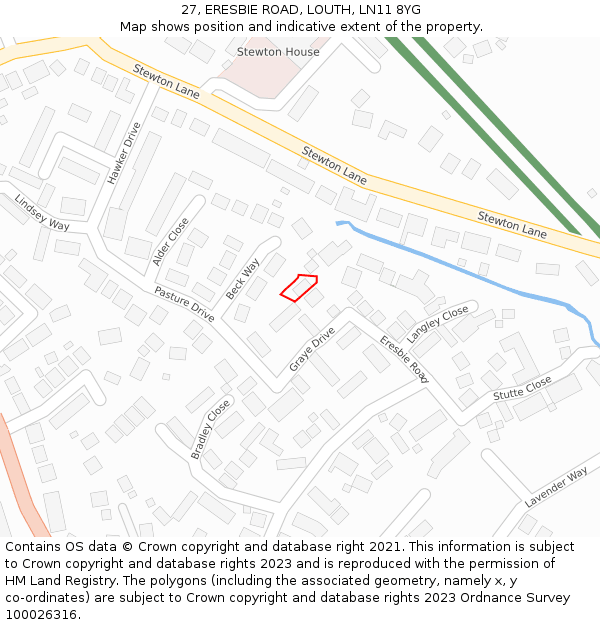 27, ERESBIE ROAD, LOUTH, LN11 8YG: Location map and indicative extent of plot