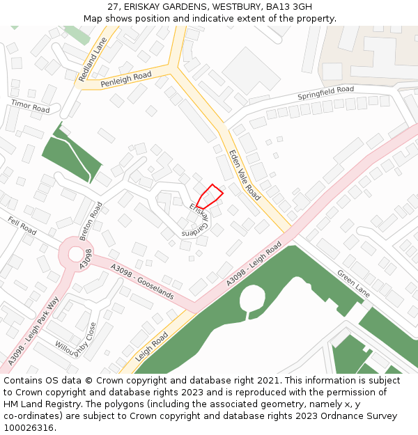 27, ERISKAY GARDENS, WESTBURY, BA13 3GH: Location map and indicative extent of plot