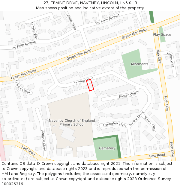 27, ERMINE DRIVE, NAVENBY, LINCOLN, LN5 0HB: Location map and indicative extent of plot