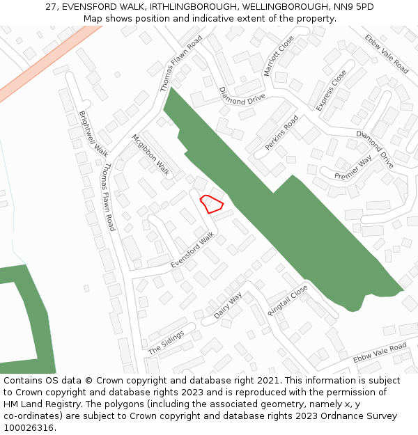 27, EVENSFORD WALK, IRTHLINGBOROUGH, WELLINGBOROUGH, NN9 5PD: Location map and indicative extent of plot