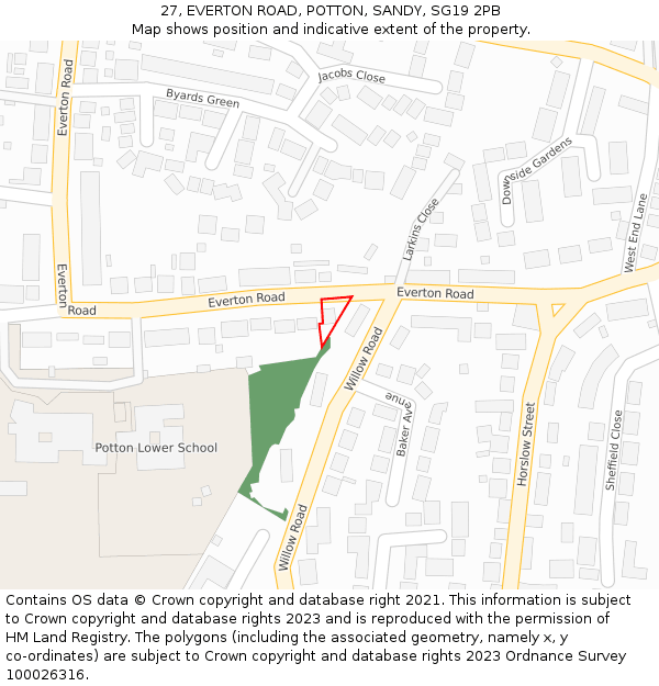 27, EVERTON ROAD, POTTON, SANDY, SG19 2PB: Location map and indicative extent of plot