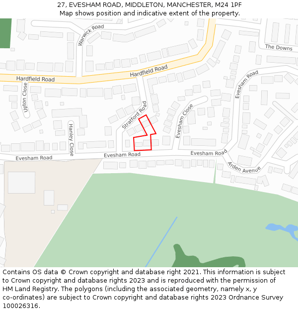 27, EVESHAM ROAD, MIDDLETON, MANCHESTER, M24 1PF: Location map and indicative extent of plot