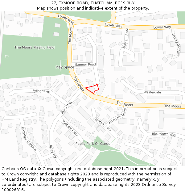 27, EXMOOR ROAD, THATCHAM, RG19 3UY: Location map and indicative extent of plot