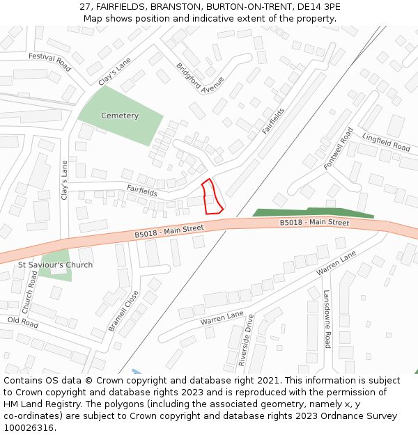 27, FAIRFIELDS, BRANSTON, BURTON-ON-TRENT, DE14 3PE: Location map and indicative extent of plot