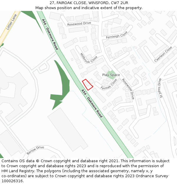 27, FAIROAK CLOSE, WINSFORD, CW7 2UR: Location map and indicative extent of plot