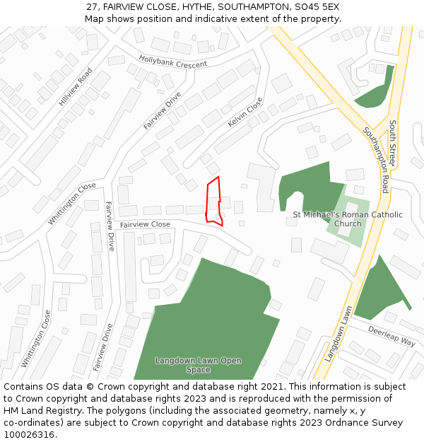 27, FAIRVIEW CLOSE, HYTHE, SOUTHAMPTON, SO45 5EX: Location map and indicative extent of plot