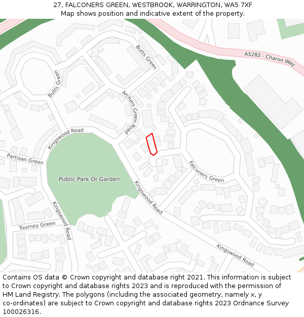 27, FALCONERS GREEN, WESTBROOK, WARRINGTON, WA5 7XF: Location map and indicative extent of plot